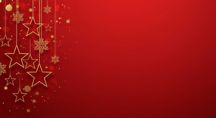 Golden snowflakes and stars hanging on a red background.

