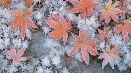 Frosty Colorful Maple Leaves on Icy Surface in Winter Scenery