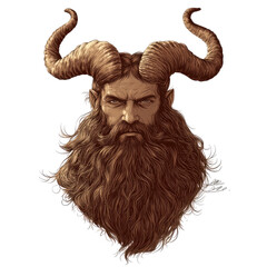 A man with horns on the top of a long, brown beard, isolated on a white background, in a clipart style.