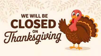 We will be closed on thanksgiving holiday announcement featuring a cartoon turkey
