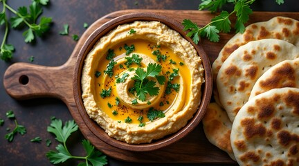 A bowl of creamy hummus with fresh parsley and warm pita bread