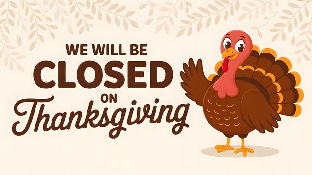 We will be closed on thanksgiving holiday announcement featuring a cartoon turkey