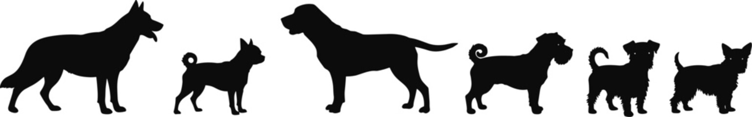 Diverse Dog Breeds Silhouettes Vector Illustration, Various Canine Companionship, Pet Profiles, Animal Collection, Digital Art, Flat Design, Black and White.