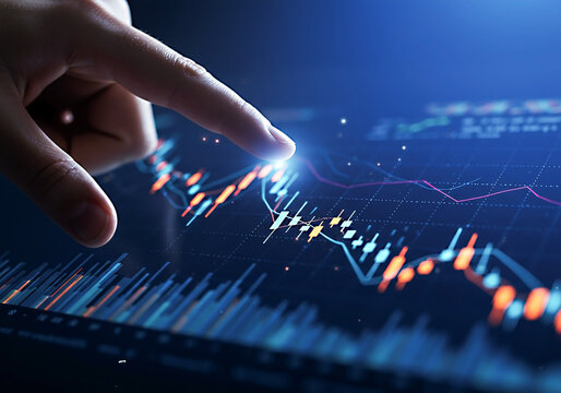 A finger touching a digital screen displaying a stock market chart with rising trend