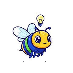 Obraz premium A cheerful cartoon bee with a glowing lightbulb above its head symbolizes a bright idea or creative inspiration.