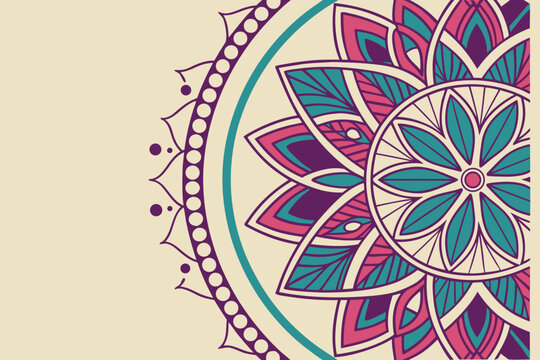 Illustration of a half mandala with teal and purple floral patterns on a light beige background design style