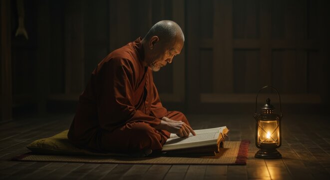 Serene Monk Reading Ancient Texts by Lamplight: A Moment of Tranquility and Spiritual Reflection in a Rustic Wooden Room - Powered by Adobe