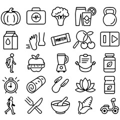 A minimalist collection of fitness and healthy lifestyle icons. Capturing the essence of health and wellness, these images inspire viewers to start their journey toward a balanced lifestyle.