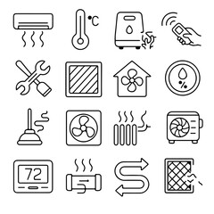 Air conditioning concept icons. The comprehensive set of line icons depicts HVAC-related symbols. 