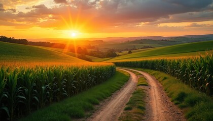Golden sunset illuminates winding dirt road through rich green cornfields, rolling hills. Warm light creates vibrant, picturesque rural landscape. Serene scene evokes feelings of summer travel,
