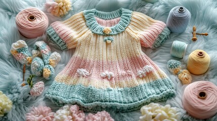 Cozy knitted baby dress in pastel colors laid on a fluffy surface with tiny socks thread spools and knitting needles placed neatly around it
