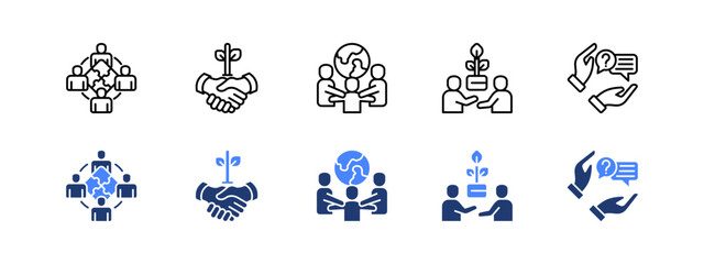 Corporate Social Responsibility icon set. with Unity, Agreement, Multicultural, Support, Assistance.