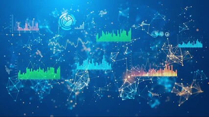 Futuristic digital data visualization with colorful graphs and interconnected neural network on blue background - Powered by Adobe