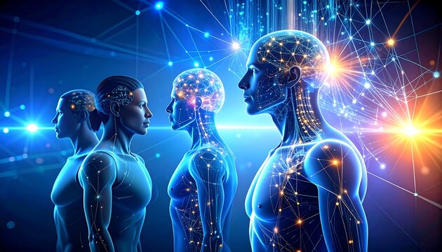Human bodies connected to digital network