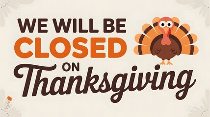 We will be closed on thanksgiving holiday announcement with cartoon turkey