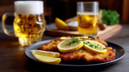 Crispy schnitzel with lemon garnish and beer in a cozy setting