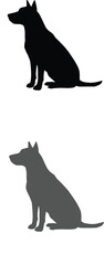 Sitting shepherd dog silhouette in black and grey color variations, isolated vector animal icon for pet and canine themes.