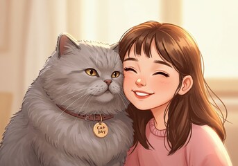Woman embracing her cat with love and happiness, celebrating international cat day. Pet ownership, companionship concept for animal lovers.