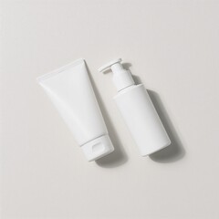 Elegant cosmetic mockup featuring a cream tube and pump bottle on a minimal surface. Ideal for clean branding, packaging showcase, and web use.