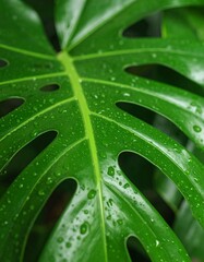 Close-up photo of a Monstera deliciosa leaf, showing intricate natural textures and patterns