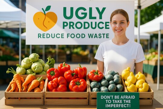Smiling woman at outdoor market promoting ugly produce to reduce food waste, surrounded by colorful imperfect vegetables under sunny light. Ai generative