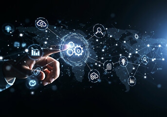 A digital interface showing a global network of interconnected technology and data systems