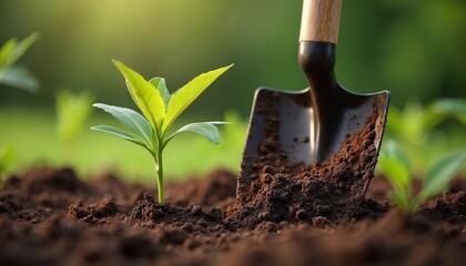 Shovel digs into rich dark soil next to new plant sprout. Concept of growth, cultivation, nurture, gardening, agriculture, farming, sustainability captured. Healthy seedling emerges from fertile loam.