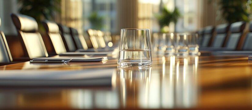 Elegant table settings in a restaurant dining room, empty and prepared for a wedding banquet, with sparkling glasses and neatly folded napkins
