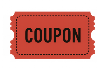 Red coupon with dotted lines on transparent background