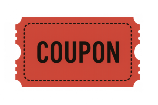 Red coupon with dotted lines on transparent background
