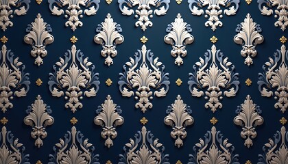Elegant illustration symmetrical arabesque damask pattern with deep navy, silver accents. Intricate scroll motifs create luxurious, traditional, vintage aesthetic with subtle shadow play. Classic