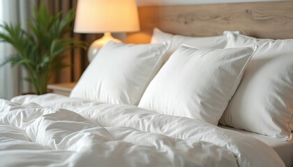 Obraz premium Serene bedroom interior featuring neatly made white bed with plush pillows, crumpled duvet. Warm lamp glows beside rich green plant, creating calm, bright atmosphere for rest, relaxation in modern