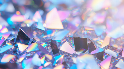 Close-up of iridescent, multicolored crystal or glass shards reflecting light with a soft, dreamy background.