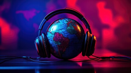Global music experience: headphones on red background for immersive audio communication