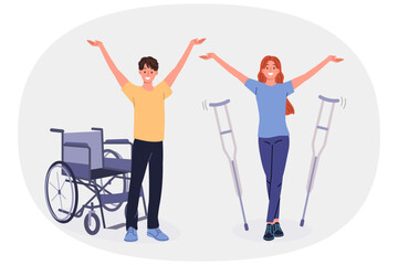 People with disabilities celebrate end of rehabilitation and recovery, stand near crutches and wheelchair. Man and woman with disabilities healed after receiving massage therapy or new medications