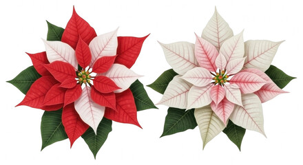 Two beautiful poinsettia flowers one red and white the other pale pink and white isolated on transparent background