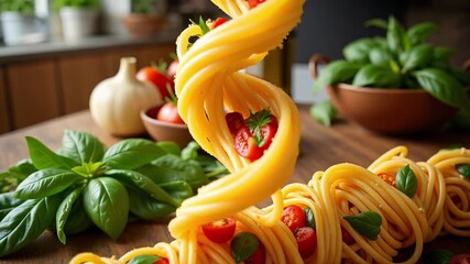 Dynamic 4k video of pasta DNA helix twisting with fresh vegetables and herbs, blending gourmet cuisine with a vibrant life blueprint, perfect for culinary content. - Powered by Adobe