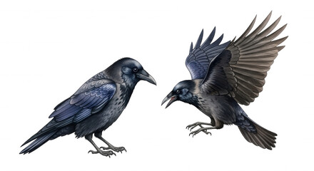 Fototapeta premium Two detailed realistic crows interacting with one in flight and one perched on a transparent background isolated on transparent background