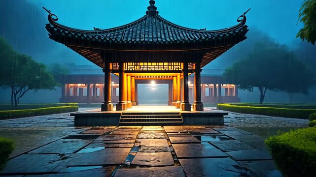 Serene Asian Pavilion Illuminated at Night Amidst Rainy Atmosphere in Tranquil Garden