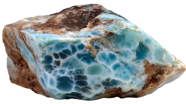 Larimar raw cabochon blank, mottled blue-green pectolite, unpolished rough form, isolated on Transparent background