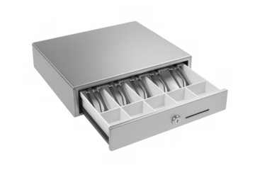 Empty cash register drawer isolated on transparent background