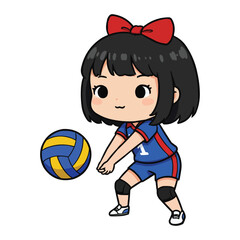Anime Volleyball Player with Red Bow Preparing to Serve