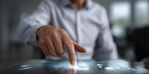 Business professional using touch technology on digital tablet screen to analyze data visualization, business graphs, and modern interface in office setting