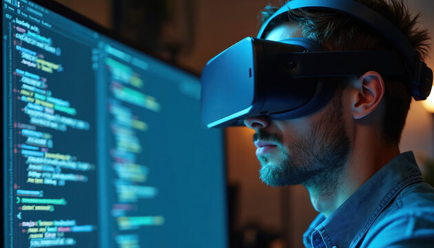 Programmer works on virtual reality software development, immersed in code visualization on computer screen. Engineer uses VR headset for interactive 3D simulation. Focus on digital innovation,