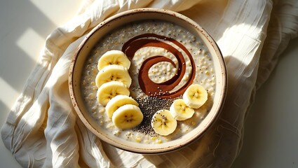 Minimalist Overhead View of Oatmeal Porridge with Banana, Cinnamon Swirls & Chia Seeds