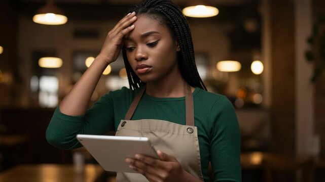 A stressed young business owner holds a tablet and clutches her head in her cafe