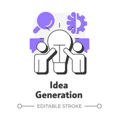 Idea generation flat outline concept icon. Brainstorming, research, observation of feedbacks. Innovation funnel. Modern line illustration with purple glyphs. Conceptual visual. Easy to edit