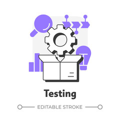 Testing flat outline concept icon. Prototype evaluation under controlled real world conditions. Innovation funnel. Modern line illustration with purple glyphs. Conceptual visual. Easy to edit