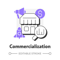 Commercialization flat outline concept icon. Introducing product and service to market. Innovation funnel step. Modern line illustration with purple glyphs. Conceptual visual. Easy to edit