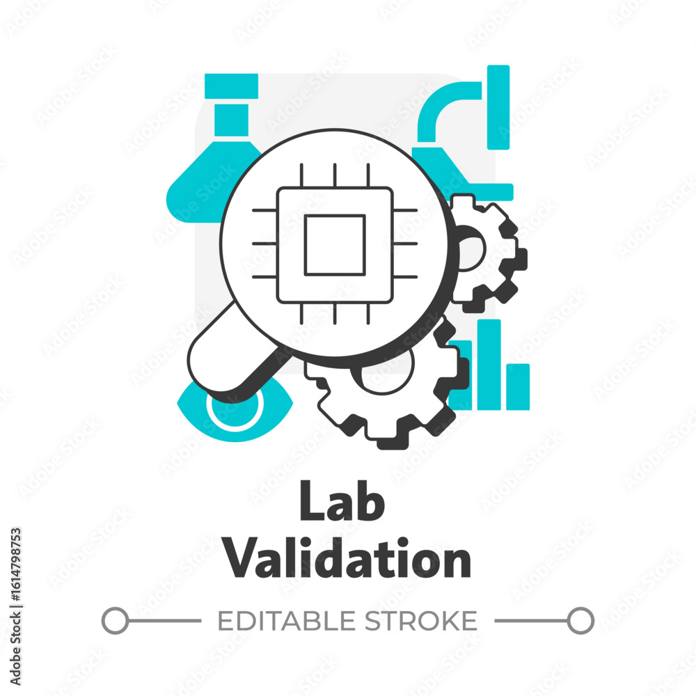 Poster lab validation flat outline concept icon. product testing process. technology readiness level. devel